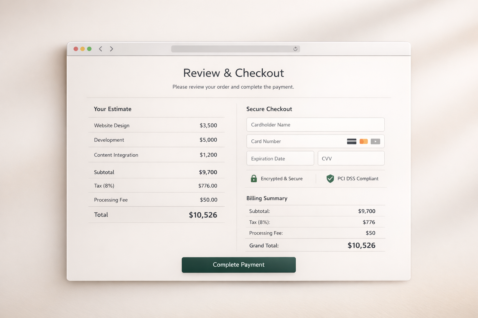 Checkout and payment experience mockup.